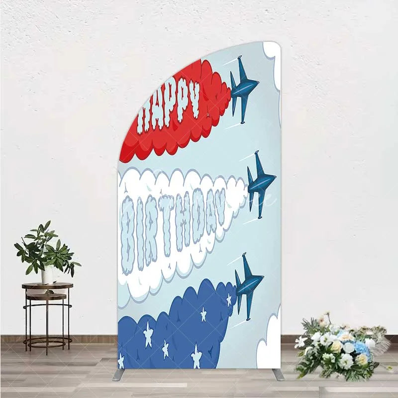 Aperturee - Aperturee Airplane Jet Happy Birthday Half Moon Arch Backdrop Red White and Blue Aviation Theme Party Background
