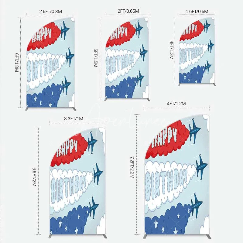 Aperturee - Aperturee Airplane Jet Happy Birthday Half Moon Arch Backdrop Red White and Blue Aviation Theme Party Background