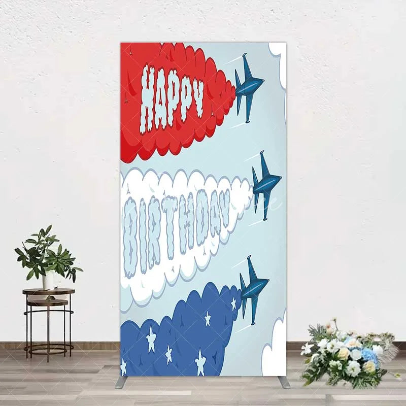 Aperturee - Aperturee Airplane Jet Happy Birthday Rectangle Backdrop Red White and Blue Aviation Theme Party Background