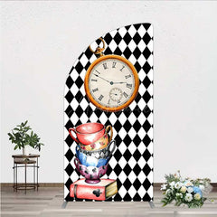 Aperturee - Aperturee Alice in Wonderland Inspired Birthday Half Moon Arch Backdrop Mad Hatter Tea Party with Clock Whimsical Photo Prop