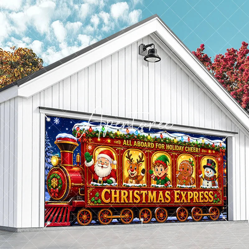 Aperturee - Aperturee All Aboard for Holiday Cheer Christmas Express Train with Santa Reindeer Elf Snowman Garage Door Banner