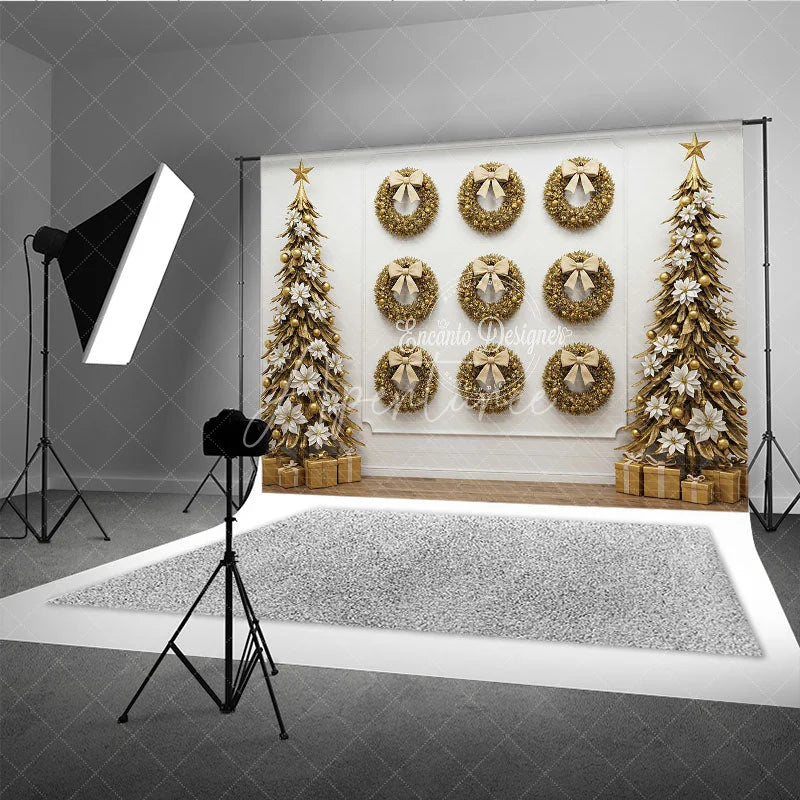 Aperturee - Aperturee All Gold Christmas Photography Backdrop Elegant Wall of Wreaths with Stylized Trees Luxury Holiday Photo Background