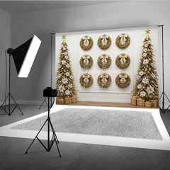 Aperturee - Aperturee All Gold Christmas Photography Backdrop Elegant Wall of Wreaths with Stylized Trees Luxury Holiday Photo Background