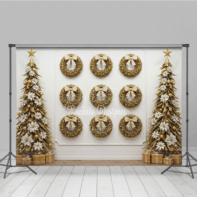 Aperturee - Aperturee All Gold Christmas Photography Backdrop Elegant Wall of Wreaths with Stylized Trees Luxury Holiday Photo Background