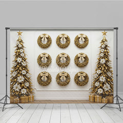 Aperturee - Aperturee All Gold Christmas Photography Backdrop Elegant Wall of Wreaths with Stylized Trees Luxury Holiday Photo Background