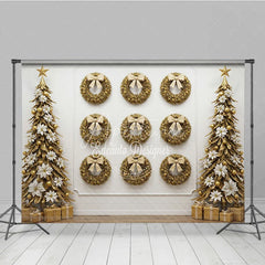 Aperturee - Aperturee All Gold Christmas Photography Backdrop Elegant Wall of Wreaths with Stylized Trees Luxury Holiday Photo Background