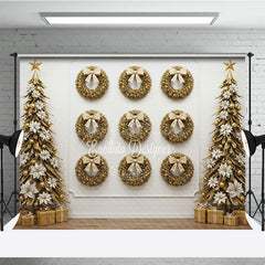 Aperturee - Aperturee All Gold Christmas Photography Backdrop Elegant Wall of Wreaths with Stylized Trees Luxury Holiday Photo Background