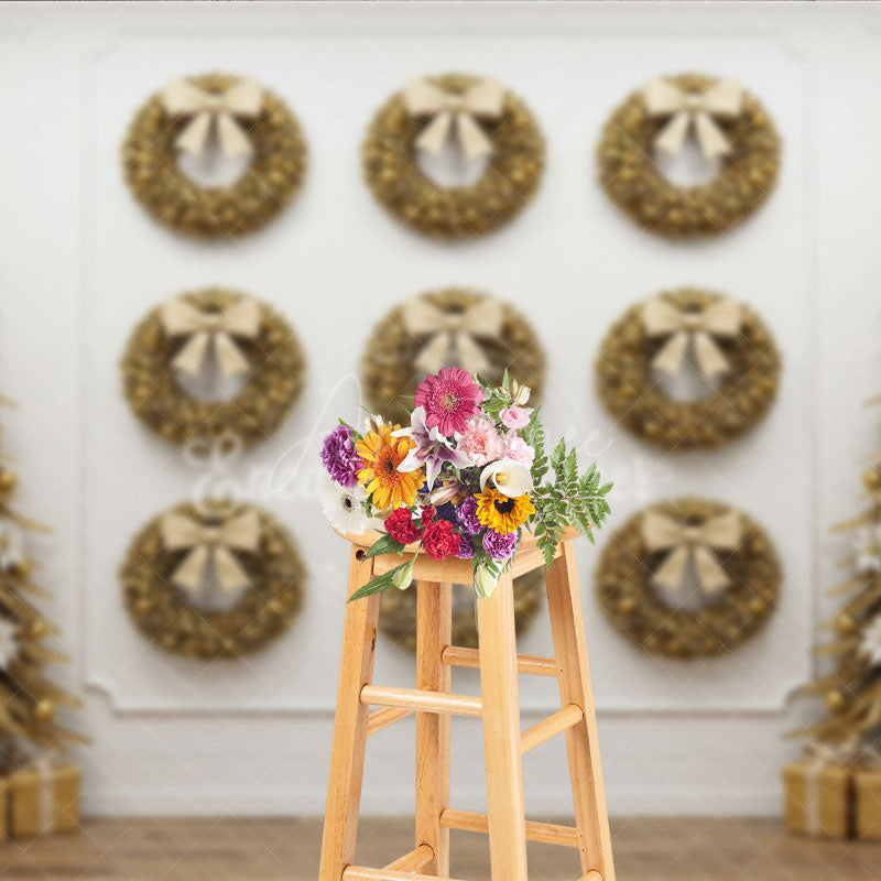 Aperturee - Aperturee All Gold Christmas Photography Backdrop Elegant Wall of Wreaths with Stylized Trees Luxury Holiday Photo Background