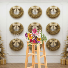 Aperturee - Aperturee All Gold Christmas Photography Backdrop Elegant Wall of Wreaths with Stylized Trees Luxury Holiday Photo Background