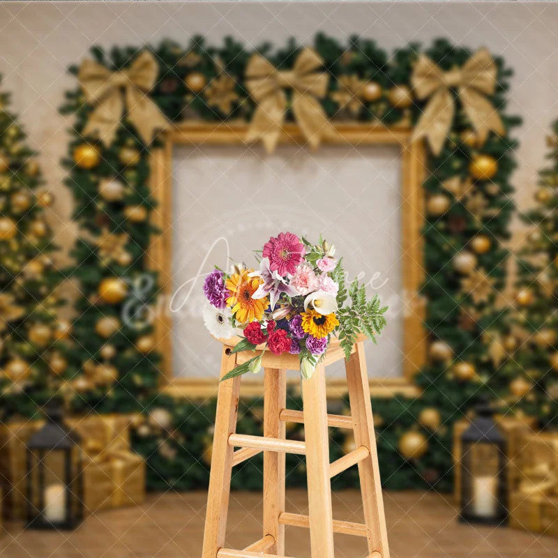 Aperturee - Aperturee All Gold Elegant Christmas Photography Backdrop Gold Frame with Garland and Trees Luxury Holiday Photo Background