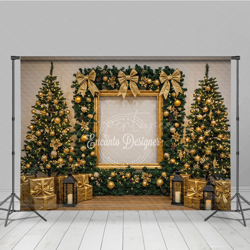 Aperturee - Aperturee All Gold Elegant Christmas Photography Backdrop Gold Frame with Garland and Trees Luxury Holiday Photo Background
