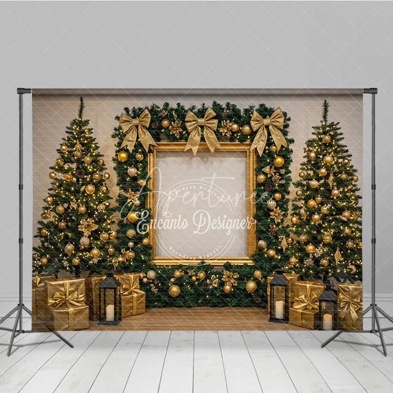 Aperturee - Aperturee All Gold Elegant Christmas Photography Backdrop Gold Frame with Garland and Trees Luxury Holiday Photo Background