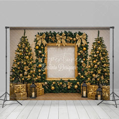 Aperturee - Aperturee All Gold Elegant Christmas Photography Backdrop Gold Frame with Garland and Trees Luxury Holiday Photo Background