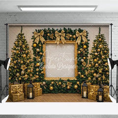 Aperturee - Aperturee All Gold Elegant Christmas Photography Backdrop Gold Frame with Garland and Trees Luxury Holiday Photo Background
