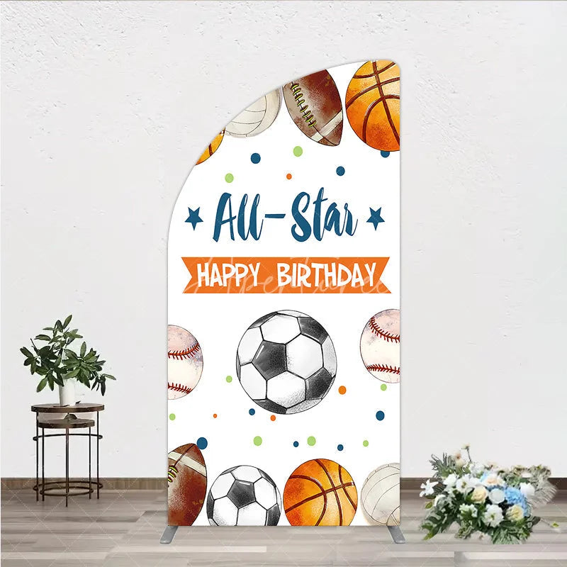 Aperturee - Aperturee All-Star Happy Birthday Half Moon Arch Backdrop with Basketball Soccer Football and Baseball Festive Party Decor
