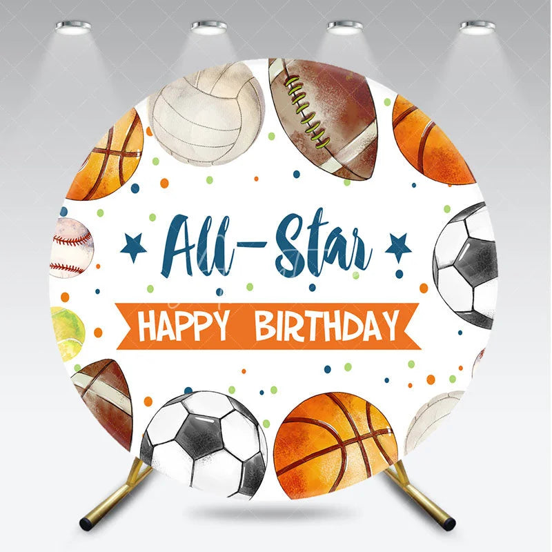 Aperturee - Aperturee All-Star Happy Birthday Sports Balls Round Backdrop with Basketball Football and Soccer for Kids Party Decor