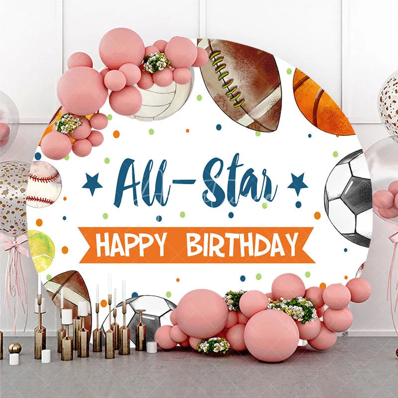 Aperturee - Aperturee All-Star Happy Birthday Sports Balls Round Backdrop with Basketball Football and Soccer for Kids Party Decor
