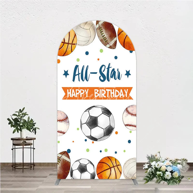 Aperturee - Aperturee All-Star Sports Balls Happy Birthday Round Top Arch Backdrop Athletic Theme Party Decor for Kids