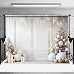 Aperturee - Aperturee All White and Gold Christmas Photography Backdrop Elegant Room with White Trees Modern Holiday Photo Background