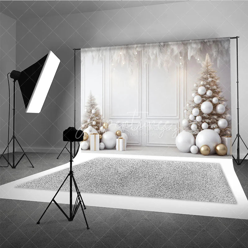 Aperturee - Aperturee All White and Gold Christmas Photography Backdrop Elegant Room with White Trees Modern Holiday Photo Background