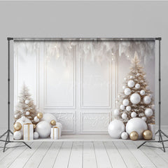 Aperturee - Aperturee All White and Gold Christmas Photography Backdrop Elegant Room with White Trees Modern Holiday Photo Background