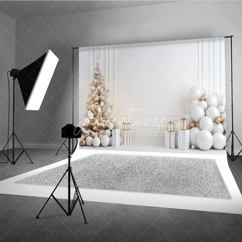 Aperturee - Aperturee All White Christmas Photography Backdrop Minimalist and Modern with Gold Ornaments Elegant Holiday Background