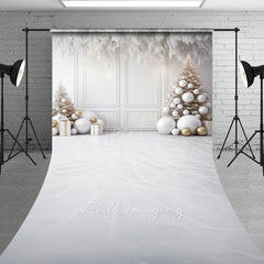 Aperturee - Aperturee All White Christmas Room Sweep Backdrop Elegant and Modern with Gold Ornaments Holiday Photo Studio Floor Drop