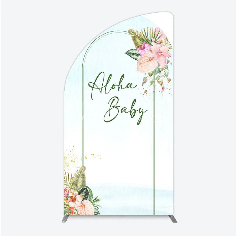 Aperturee - Aperturee Aloha Baby Shower Half Moon Arch Backdrop Tropical Hawaiian Floral and Palm Leaves Luau Themed Party Photo Booth Decor