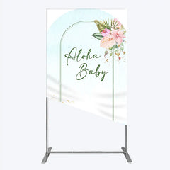 Aperturee - Aperturee Aloha Baby Shower Rectangle Backdrop Tropical Hawaiian Floral and Palm Leaves Luau Themed Party Photo Booth Decor