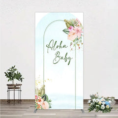 Aperturee - Aperturee Aloha Baby Shower Rectangle Backdrop Tropical Hawaiian Floral and Palm Leaves Luau Themed Party Photo Booth Decor