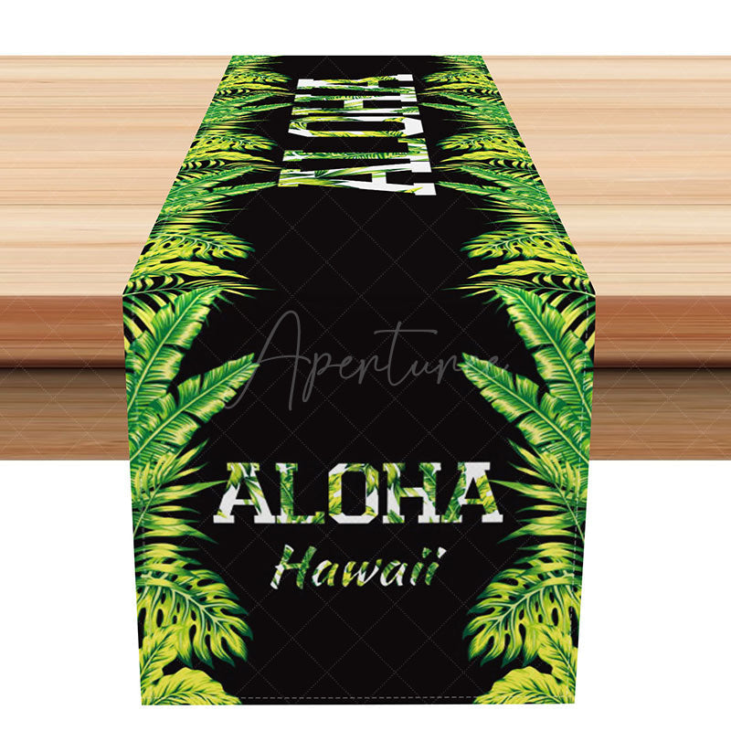 Aperturee - Aperturee Aloha Hawaiian Summer Table Runner with Green Tropical Leaves for Luau and Beach Themed Party Decor
