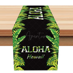 Aperturee - Aperturee Aloha Hawaiian Summer Table Runner with Green Tropical Leaves for Luau and Beach Themed Party Decor