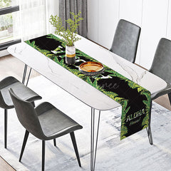 Aperturee - Aperturee Aloha Hawaiian Summer Table Runner with Green Tropical Leaves for Luau and Beach Themed Party Decor