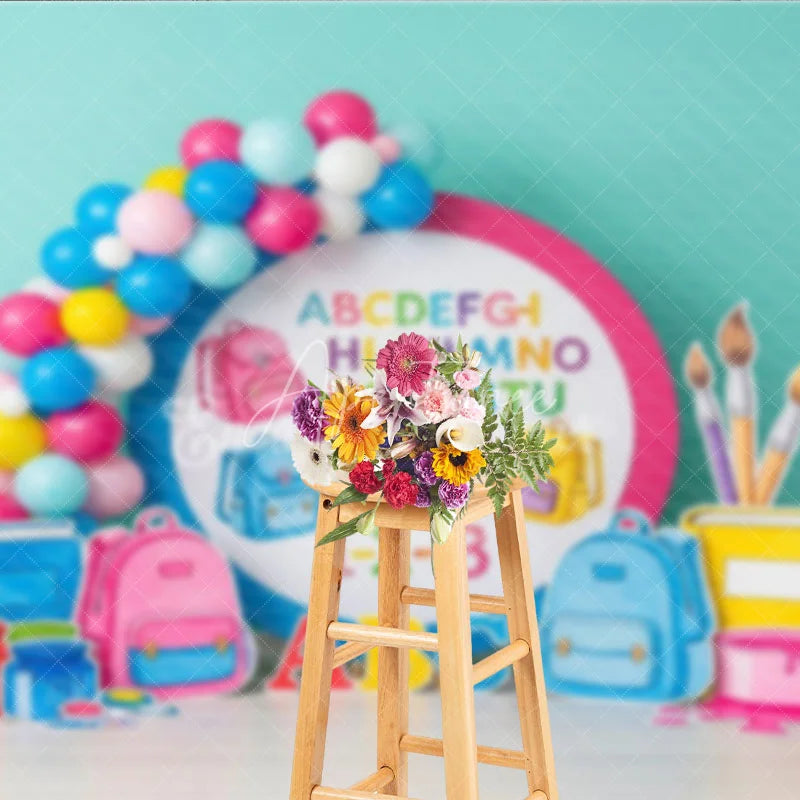 Aperturee - Aperturee Alphabet Back To School Backdrop Colorful ABC Letters Backpacks Background Kindergarten Photography Prop