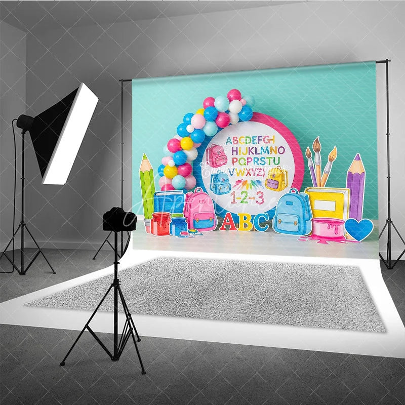 Aperturee - Aperturee Alphabet Back To School Backdrop Colorful ABC Letters Backpacks Background Kindergarten Photography Prop