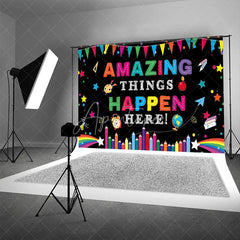 Aperturee - Aperturee Amazing Things Happen Here Colorful School Supplies Backdrop Education Classroom Learning Photo Booth