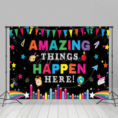 Aperturee - Aperturee Amazing Things Happen Here Colorful School Supplies Backdrop Education Classroom Learning Photo Booth