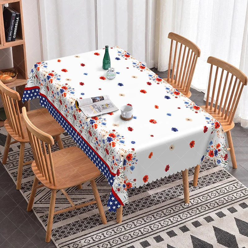 Aperturee - Aperturee American Flag Floral Rectangle Tablecloth Red White and Blue Scalloped Edge for Patriotic Decor