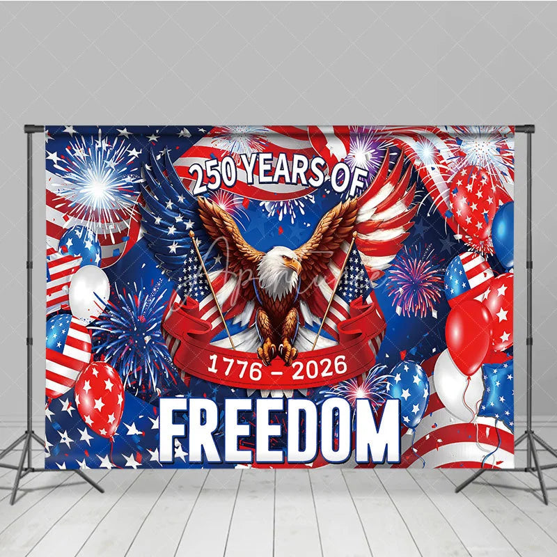 Aperturee - Aperturee American Flag Holiday Backdrop with Bald Eagle Fireworks and Red White Blue Balloons for Freedom Celebration