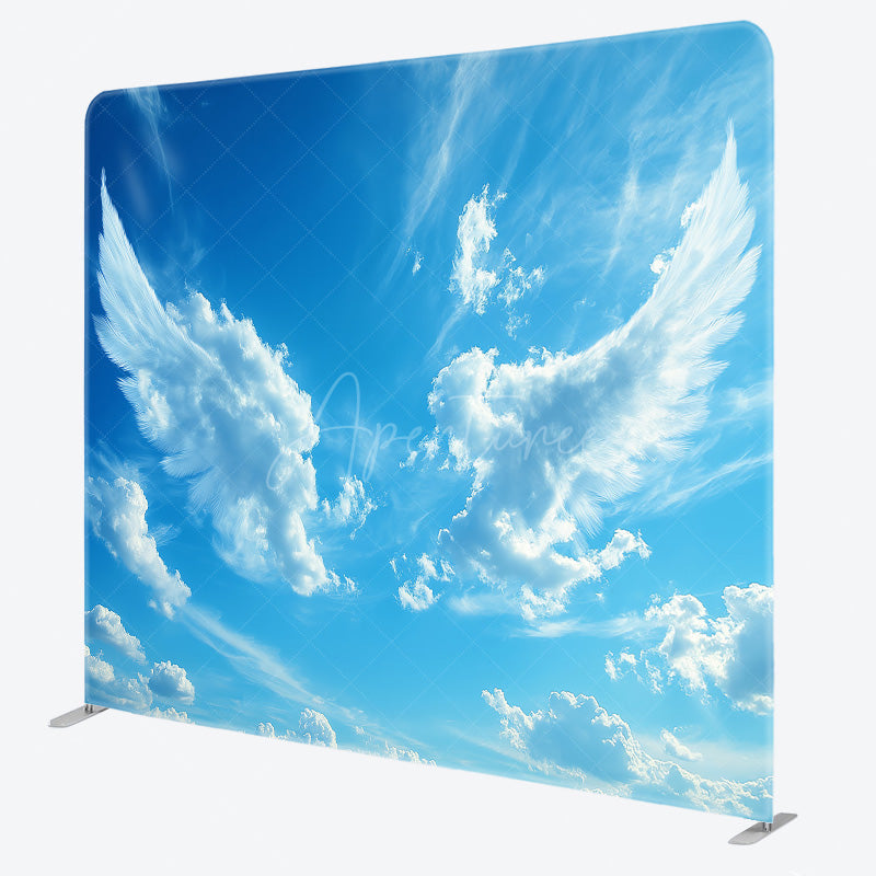 Aperturee - Aperturee Angel Wings in the Sky Square Tension Backdrop Blue Sky and White Clouds Memorial or Baptism Photography Prop