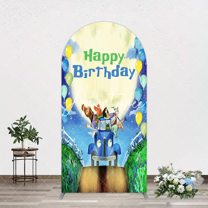 Aperturee - Aperturee Animals Blue Truck Balloons Birthday Arch Backdrop