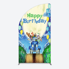 Aperturee - Aperturee Animals Blue Truck Balloons Birthday Half Moon Arch Backdrop
