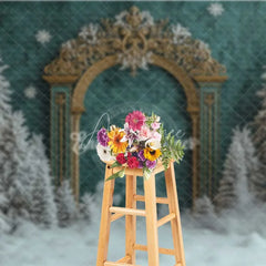 Aperturee - Aperturee Antique Gold Gate Christmas Backdrop Green Texture Snowy Pine Photography Background