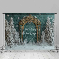 Aperturee - Aperturee Antique Gold Gate Christmas Backdrop Green Texture Snowy Pine Photography Background