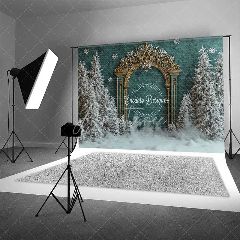 Aperturee - Aperturee Antique Gold Gate Christmas Backdrop Green Texture Snowy Pine Photography Background