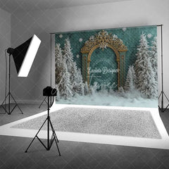 Aperturee - Aperturee Antique Gold Gate Christmas Backdrop Green Texture Snowy Pine Photography Background