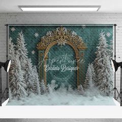 Aperturee - Aperturee Antique Gold Gate Christmas Backdrop Green Texture Snowy Pine Photography Background