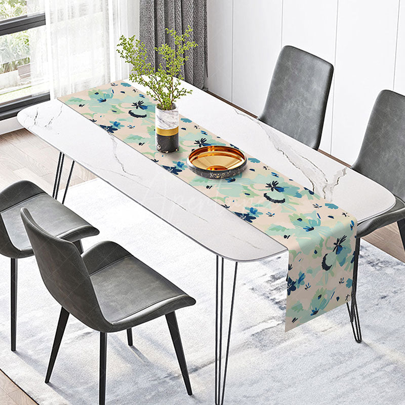 Aperturee - Aperturee Aqua Blue Floral and Bee Table Runner Fine Art Spring Garden Vibe Fresh Botanical Kitchen or Dining Decor