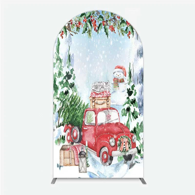 Aperturee - Aperturee Arch Backdrop Christmas Red Truck Winter Snow Cover Watercolor Pine Tree Xmas Decoration Holiday Party Photo Prop
