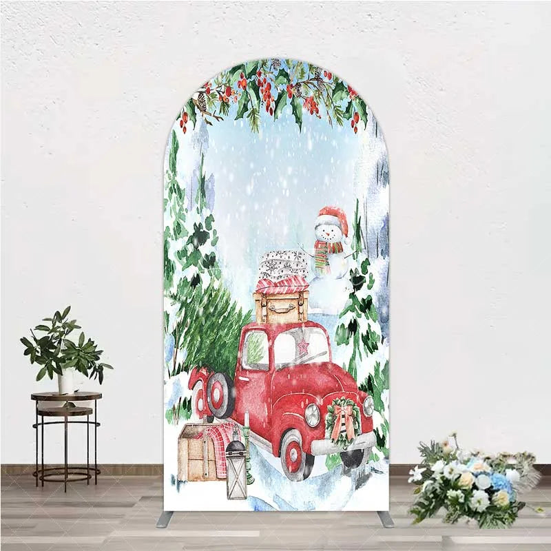 Aperturee - Aperturee Arch Backdrop Christmas Red Truck Winter Snow Cover Watercolor Pine Tree Xmas Decoration Holiday Party Photo Prop